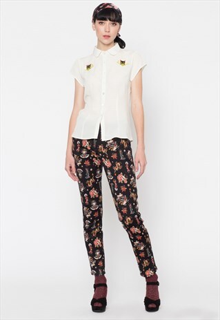WHITE CAT AND FAN EMBROIDERED BLOUSE