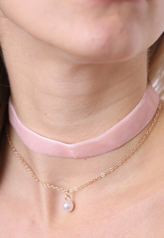 PINK VELVET PEARL CHOKER NECKLACE
