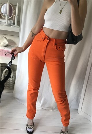 VINTAGE 90S HIGH WAISTED NEON ORANGE SLIM SKINNY JEANS