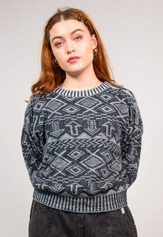 VINTAGE 90'S DARK GREY AZTEC PATTERN KNIT JUMPER