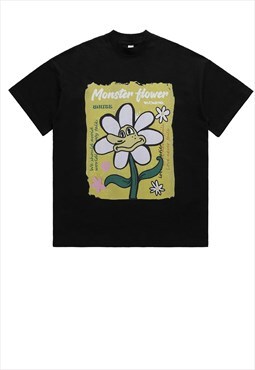 Floral t-shirt vintage poster print tee 70s hippie top black
