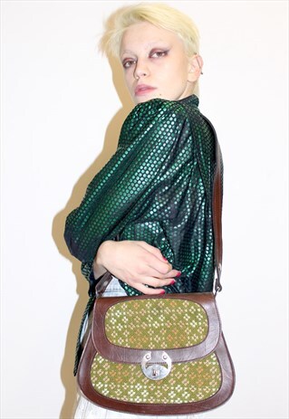 60S VINTAGE BROWN FAUX LEATHER GREEN BAG FESTIVAL BOHO