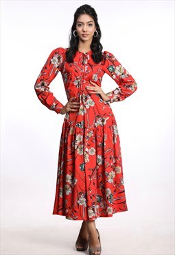 Red Floral Print Long  Midi maxi Dress