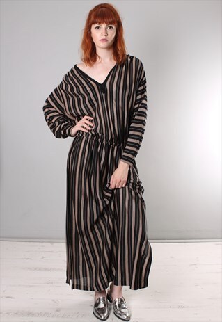 VINTAGE 90S STRIPED KNIT OVERSIZE OFF SHOULDER MAXI DRESS