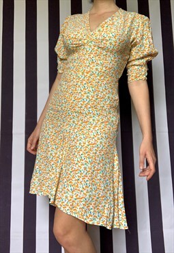 Vintage 70s floral midi yellow dress, puff sleeves, UK10/12