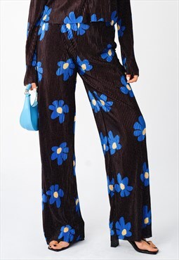 Plisse Solid Pleat Floral Print Wide Leg Culotte Trousers
