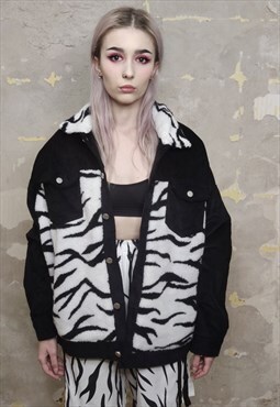 Reworked animal print jacket zebra fleece patch bomber black