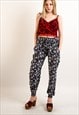 MULTI FLORAL PRINT LOOSE FIT COTTON TROUSERS IN BLUE