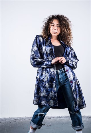 VINTAGE 1980S FESTIVAL BLUE AND SILVER PATTERNED JACKET