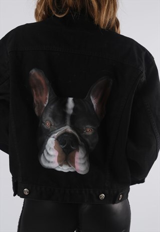 VINTAGE DENIM JACKET OVERSIZED FRENCH BULLDOG PRINT (Q9C)