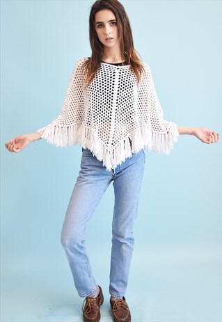 90'S RETRO BOHO NEUTRAL KNIT SHEER CAPE PONCHO JACKET
