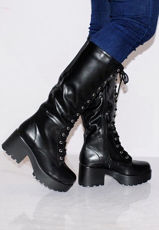 BLACK CHUNKY CLEATED PLATFORMS LACE UPS KNEE HIGH BOOTS