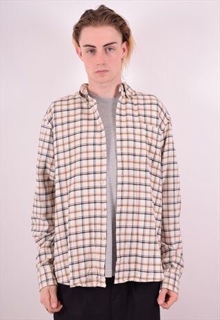 MENS VINTAGE SHIRT LARGE BEIGE CHECK 90S