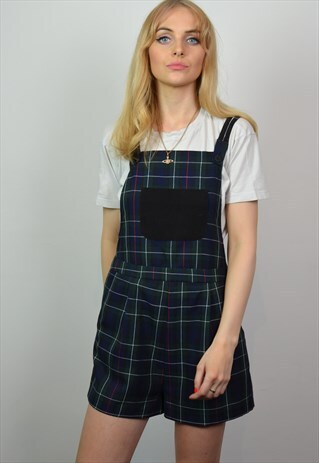 VINTAGE 90S GRUNGE NAVY & GREEN TARTAN DUNGAREES / PLAYSUIT