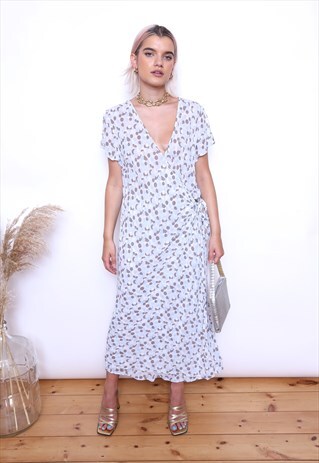 VINTAGE 90S BLUE POLKADOT WRAP MIDI DRESS