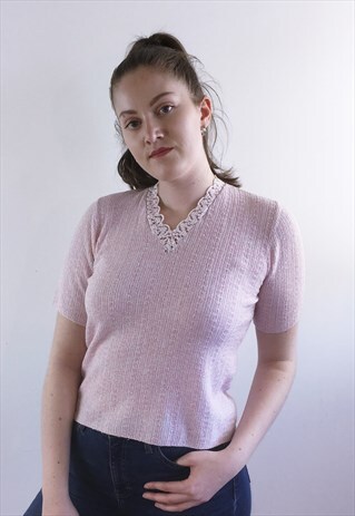 WOMENS VINTAGE 50S 60S TOP LIGHT PINK SHORT SLEEVE JUMPER