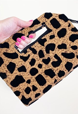 Y2K 90S LEOPARD PRINT VELVET FAUX FUR CLUTCH BAG