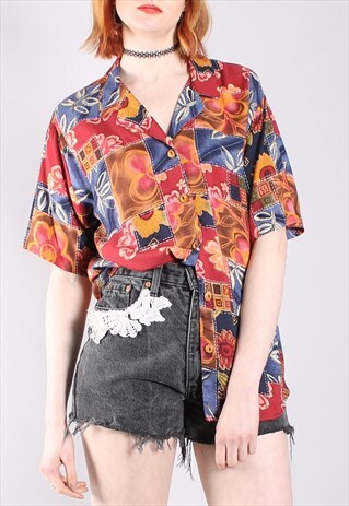 VINTAGE 80S ABSTRACT PATCHWORK PATTERNED OVERSIZE SHIRT