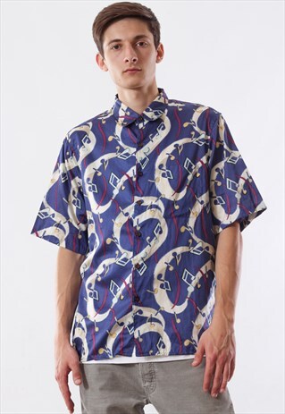 VINTAGE REYN SPOOONER 90S BLUE GRAPHIC NOTES PRINTED
