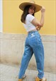 Blue High Rise Mom Jeans with Embroidered Teddy Details
