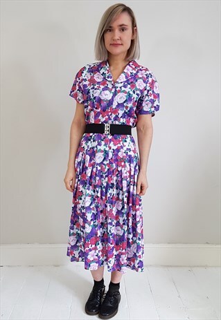 VINTAGE 80'S PINK AND PURPLE FLORAL DROP WAIST BUTTON DRESS