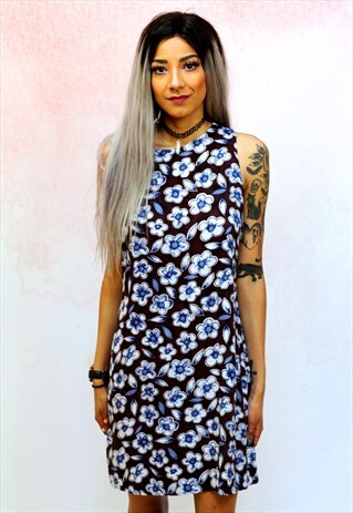 1990S VINTAGE BROWN AND BLUE FLORAL SHIFT MINI DRESS