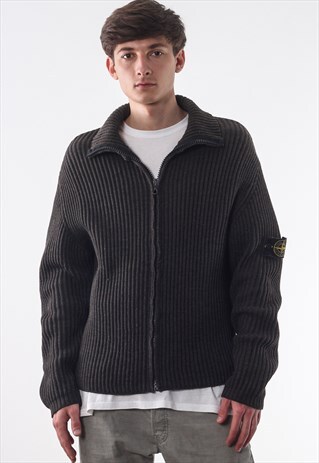 VINTAGE STONE ISLAND FULL ZIP SWEATER BROWN HEAVY KNIT WOOL