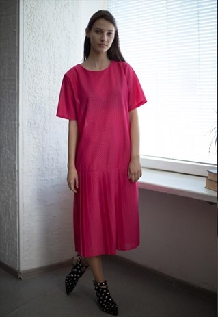 VINTAGE 80'S MIDI PINK POLKA DOT PLEATED BOTTOM DRESS