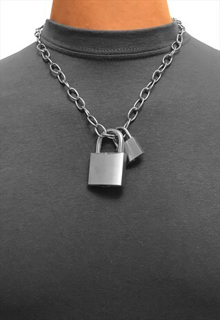 DOUBLE PADLOCK PENDANT OPEN CHAIN NECKLACE CHAIN - SILVER