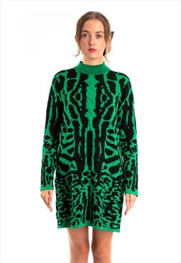 Fine Knit Leopard Print Pattern design Jumper Dress in green