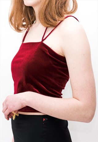 VINTAGE Y2K CUTE VELVET CROP TOP IN MAROON RED