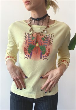 Vintage 00's Y2K Spring Yellow Kawaii Butterfly Graphic Top