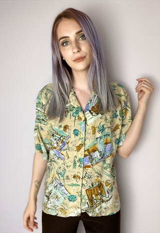 VINTAGE 90S BEIGE GREEN COLOURFUL BUTTON FRONT BLOUSE