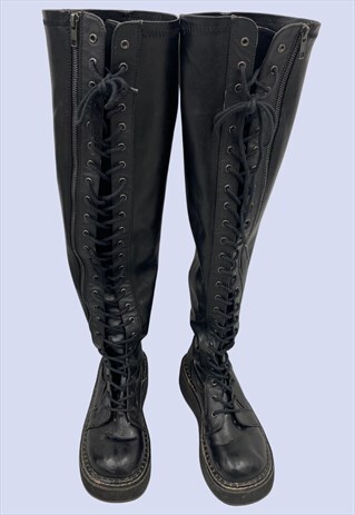 Vintage Black Knee High Laced Retro Boots 