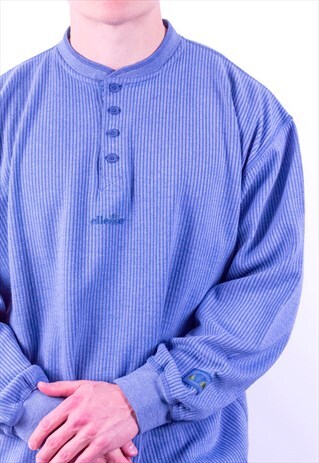VINTAGE ELLESSE STRIPED GRANDAD BUTTON SWEATSHIRT IN BLUE XL