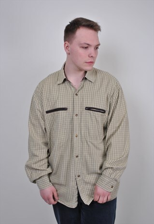 80S BOHO PLAID SHIRT, VINTAGE MENS HERITAGE CHECK BUTTON UP