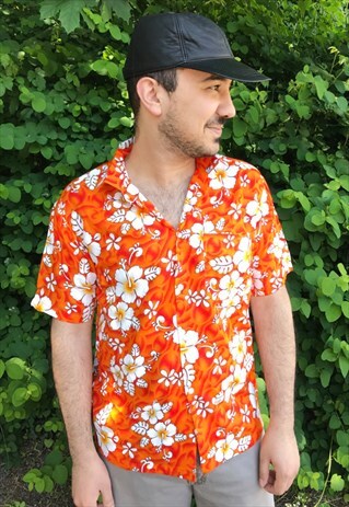 HAWAIIAN FLORAL PRINT SHIRT- ORANGE