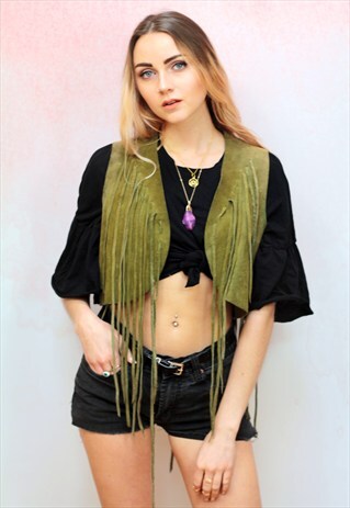 1970S VINTAGE REAL SUEDE KHAKI TASSEL FRINGED WAISTCOAT