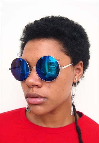 BLUE REFLECTIVE ROUND OVERSIZED SUNGLASSES