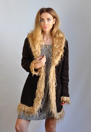 VINTAGE 90S BROWN FAUX SUEDE & FUR TRIM COAT