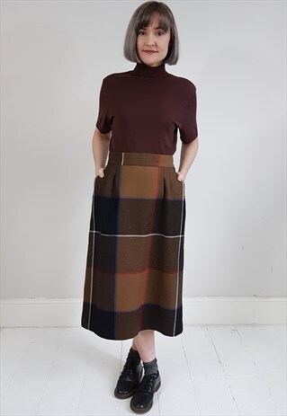 VINTAGE 80'S BROWN TARTAN WOOL PENCIL SKIRT W/ POCKETS