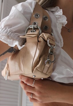 Vintage Y2K Beige Real Leather Mini Handbag 
