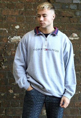 GREY TOMMY HILFIGER QUARTER ZIP SPELL OUT SWEATSHIRT