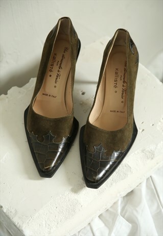 VINTAGE CROCODILE PATTERN GREEN MID HEEL COURT SHOES