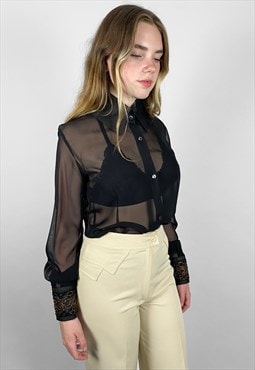 1980's Vintage Black Sheer Ladies Blouse Lurex  Cuffs