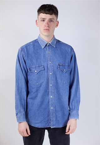 VINTAGE 90S MEDIUM WASH DENIM BLUE SHIRT