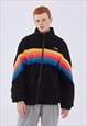 Rainbow fleece jacket retro fluffy bomber in black