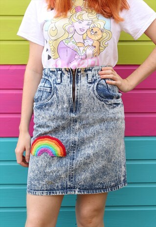 VINTAGE 90S ACID WASH DENIM FESTIVAL SKIRT WITH RAINBOWS