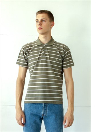 VINTAGE RETRO GREEN KHAKI LACOSTE STRIPY POLO SHIRT TOP