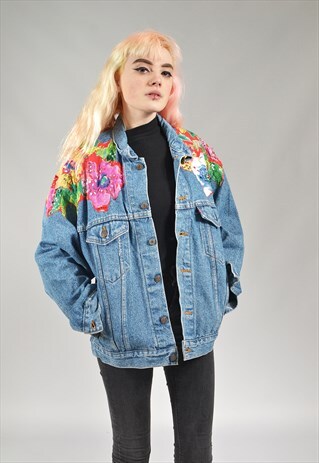 VINTAGE LEVI'S MID BLUE FLORAL SEQUINED DENIM JACKET
